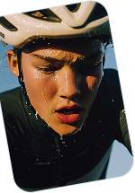 Close-up of a cyclist wearing a helmet and sweating, focused during an intense ride.
